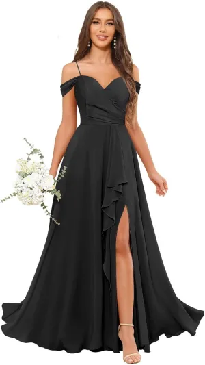 Women's Off The Shoulder Bridesmaid Dresses for Wedding Long Ruffles A-Line Chiffon Formal Gown with Slit