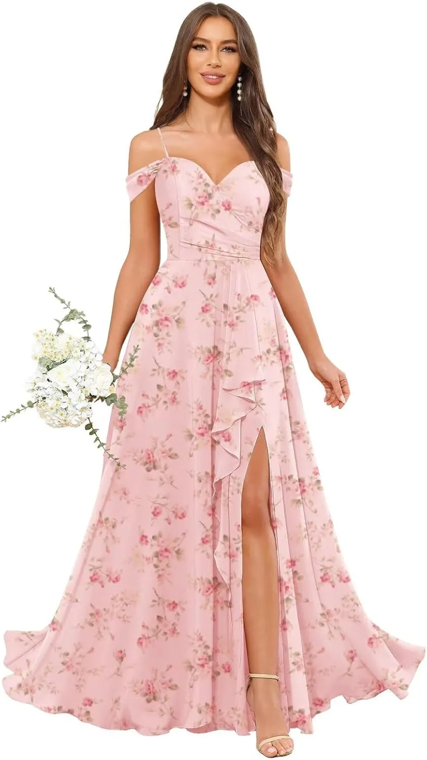 Women's Off The Shoulder Bridesmaid Dresses for Wedding Long Ruffles A-Line Chiffon Formal Gown with Slit