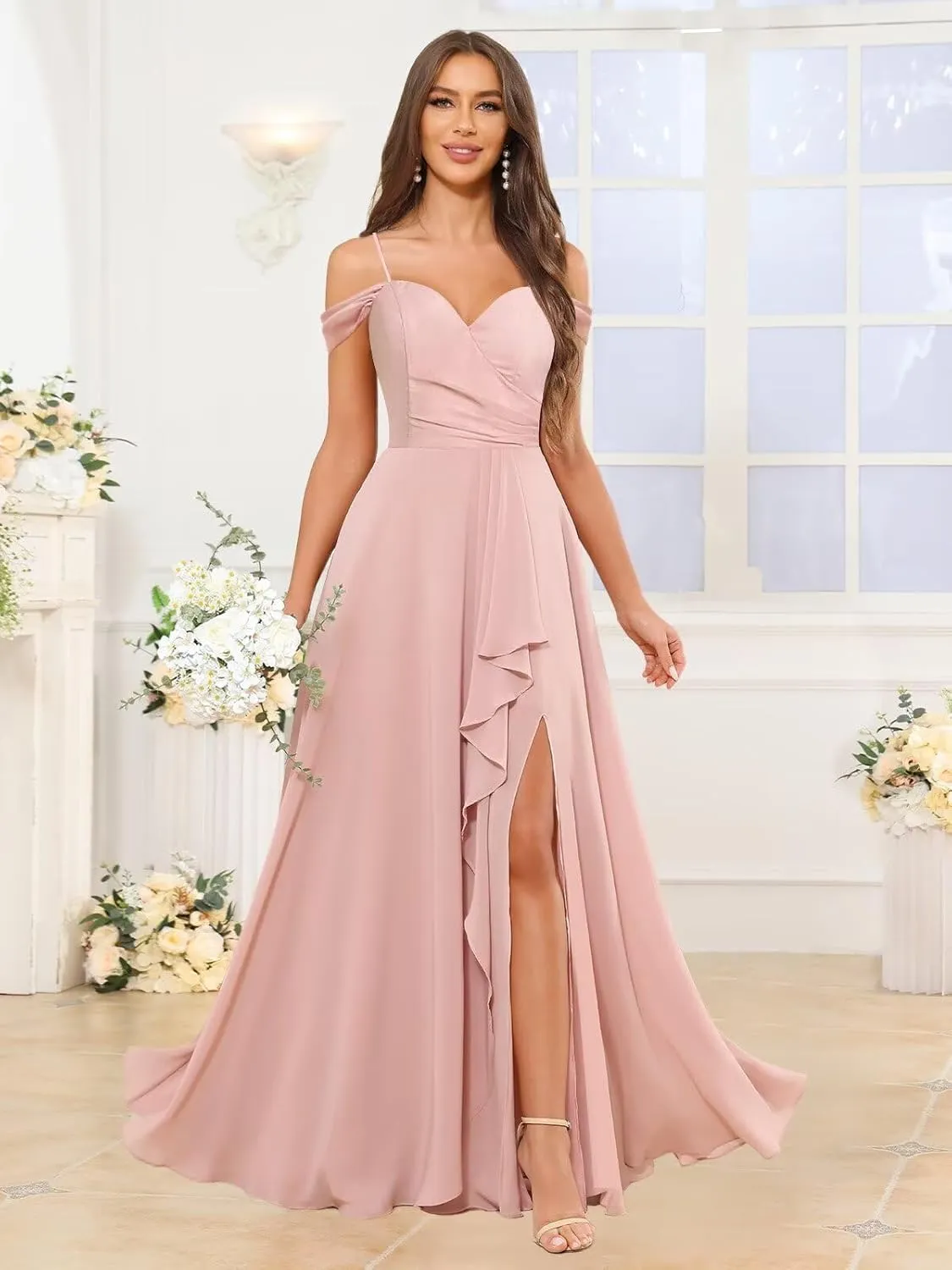 Women's Off The Shoulder Bridesmaid Dresses for Wedding Long Ruffles A-Line Chiffon Formal Gown with Slit