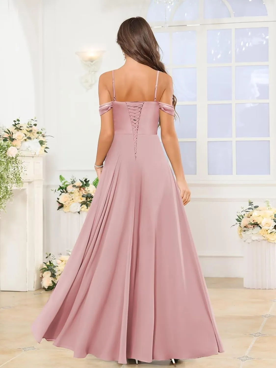 Women's Off The Shoulder Bridesmaid Dresses for Wedding Long Ruffles A-Line Chiffon Formal Gown with Slit