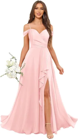 Women's Off The Shoulder Bridesmaid Dresses for Wedding Long Ruffles A-Line Chiffon Formal Gown with Slit