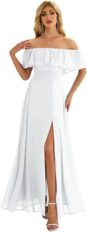 Women's Off The Shoulder Bridesmaid Dresses Side Split Pleated Waist Chiffon Evening Formal Dresses Strapless