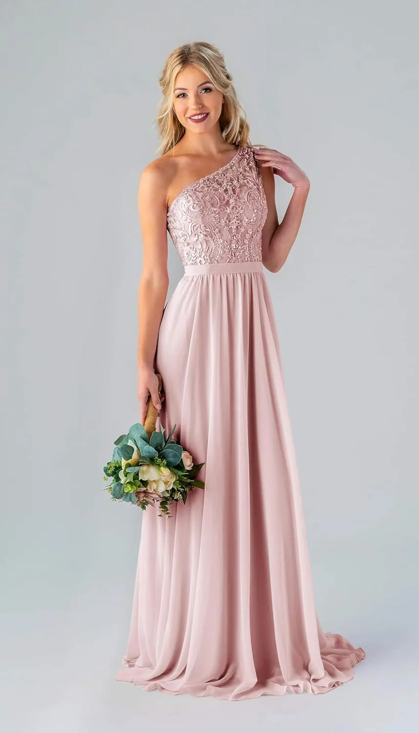 Women's One Shoulder Bridesmaid Dresses Long for Wedding with Pockets Lace Bodice A-Line Chiffon Formal Party Gown