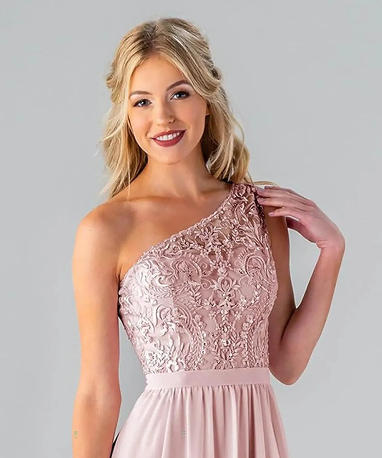 Women's One Shoulder Bridesmaid Dresses Long for Wedding with Pockets Lace Bodice A-Line Chiffon Formal Party Gown