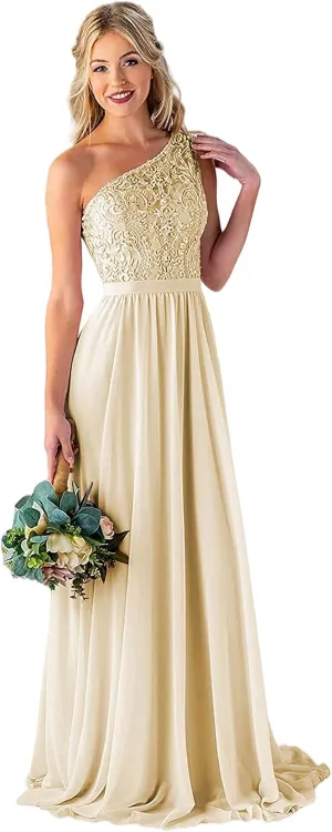 Women's One Shoulder Bridesmaid Dresses Long for Wedding with Pockets Lace Bodice A-Line Chiffon Formal Party Gown