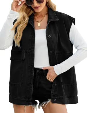 Womens Oversized Sleeveless Jean Denim Jacket Button Down Vest Top for Women Summer Waistcoat Jeans Vests Tops