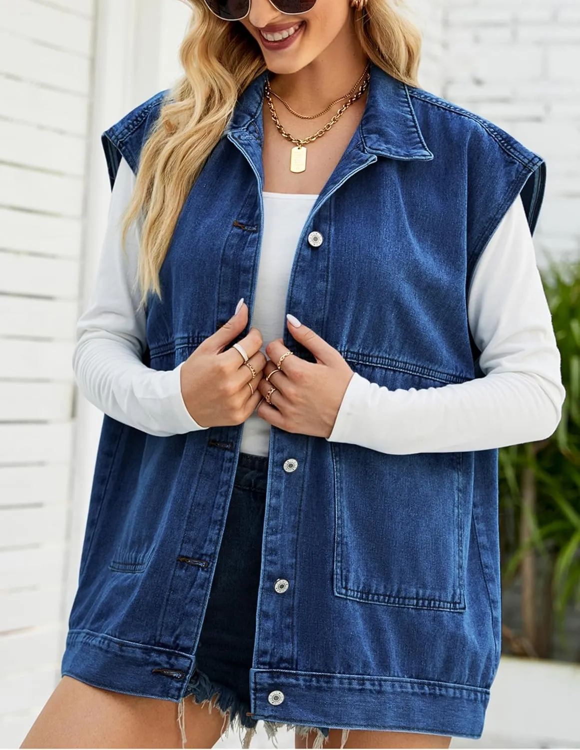 Womens Oversized Sleeveless Jean Denim Jacket Button Down Vest Top for Women Summer Waistcoat Jeans Vests Tops