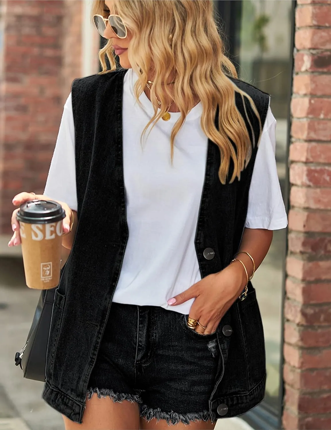 Womens Oversized Sleeveless Jean Denim Jacket Button Down Vest Top for Women Summer Waistcoat Jeans Vests Tops