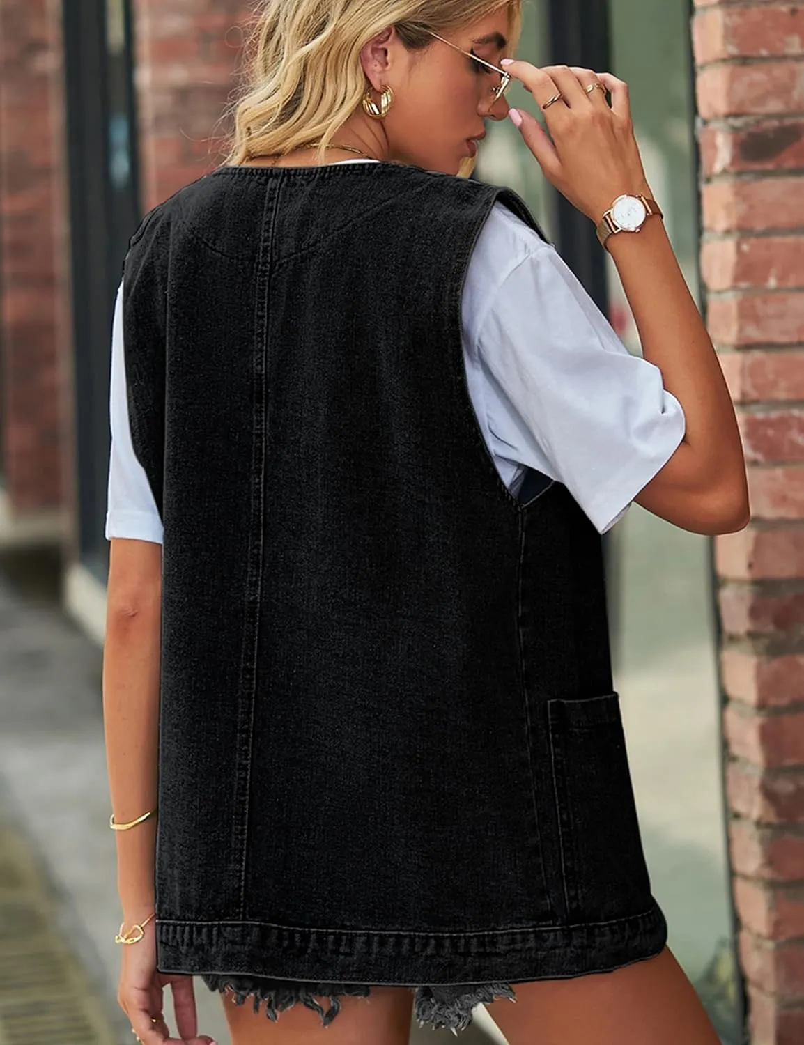 Womens Oversized Sleeveless Jean Denim Jacket Button Down Vest Top for Women Summer Waistcoat Jeans Vests Tops