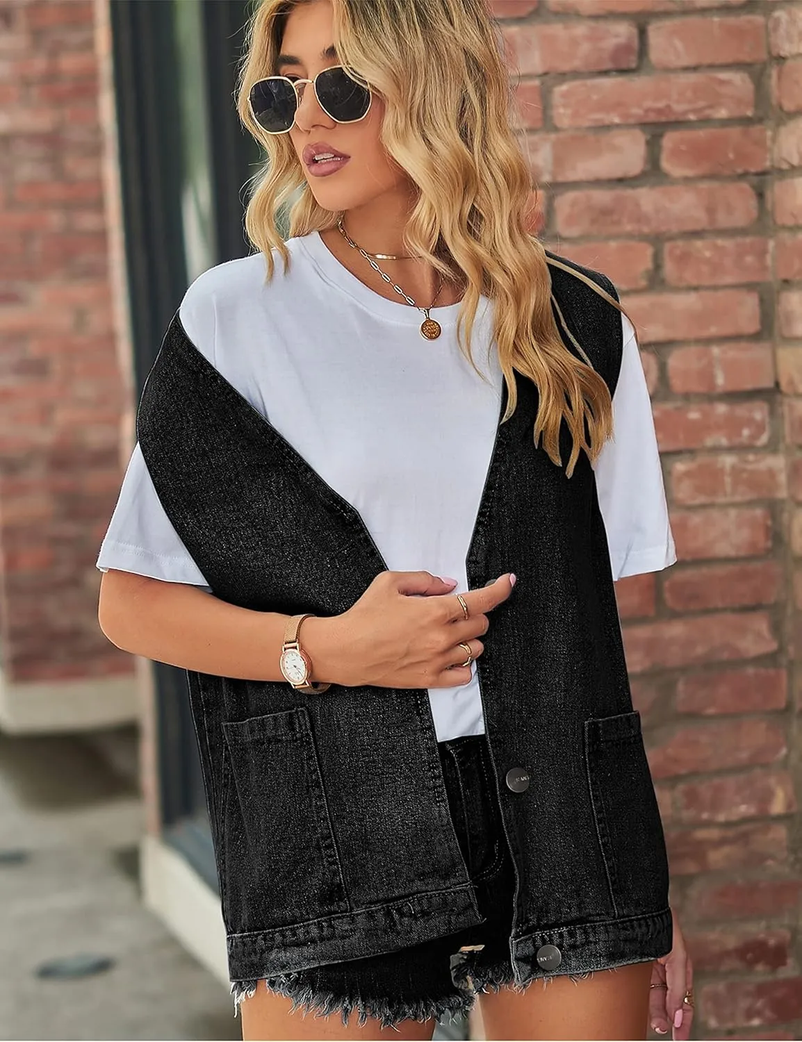 Womens Oversized Sleeveless Jean Denim Jacket Button Down Vest Top for Women Summer Waistcoat Jeans Vests Tops
