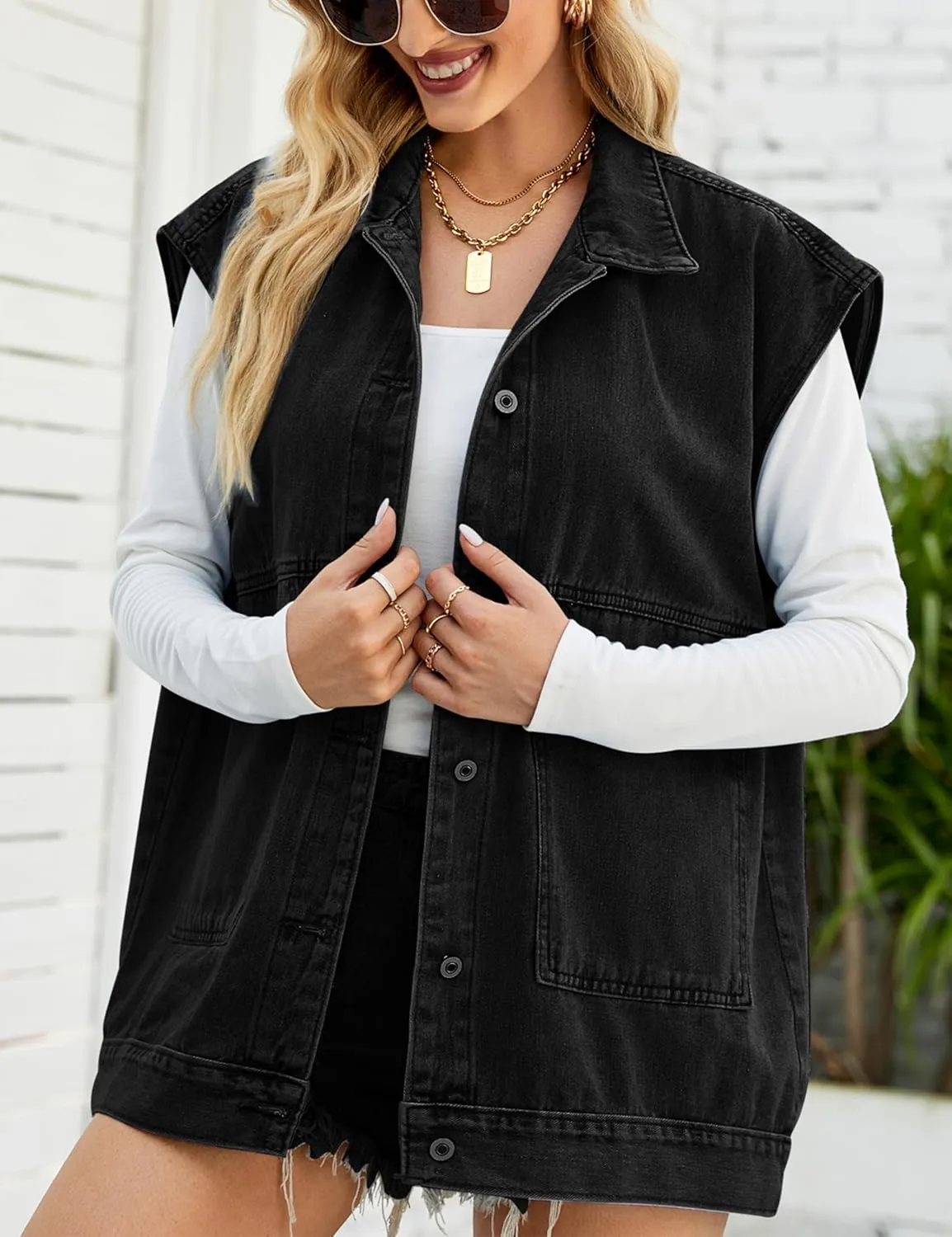 Womens Oversized Sleeveless Jean Denim Jacket Button Down Vest Top for Women Summer Waistcoat Jeans Vests Tops