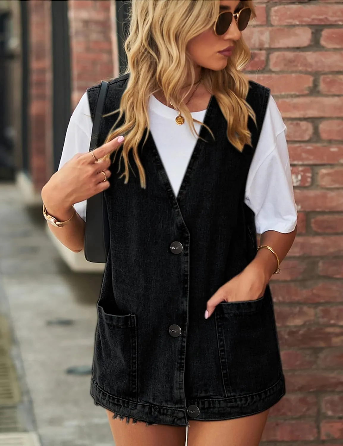 Womens Oversized Sleeveless Jean Denim Jacket Button Down Vest Top for Women Summer Waistcoat Jeans Vests Tops