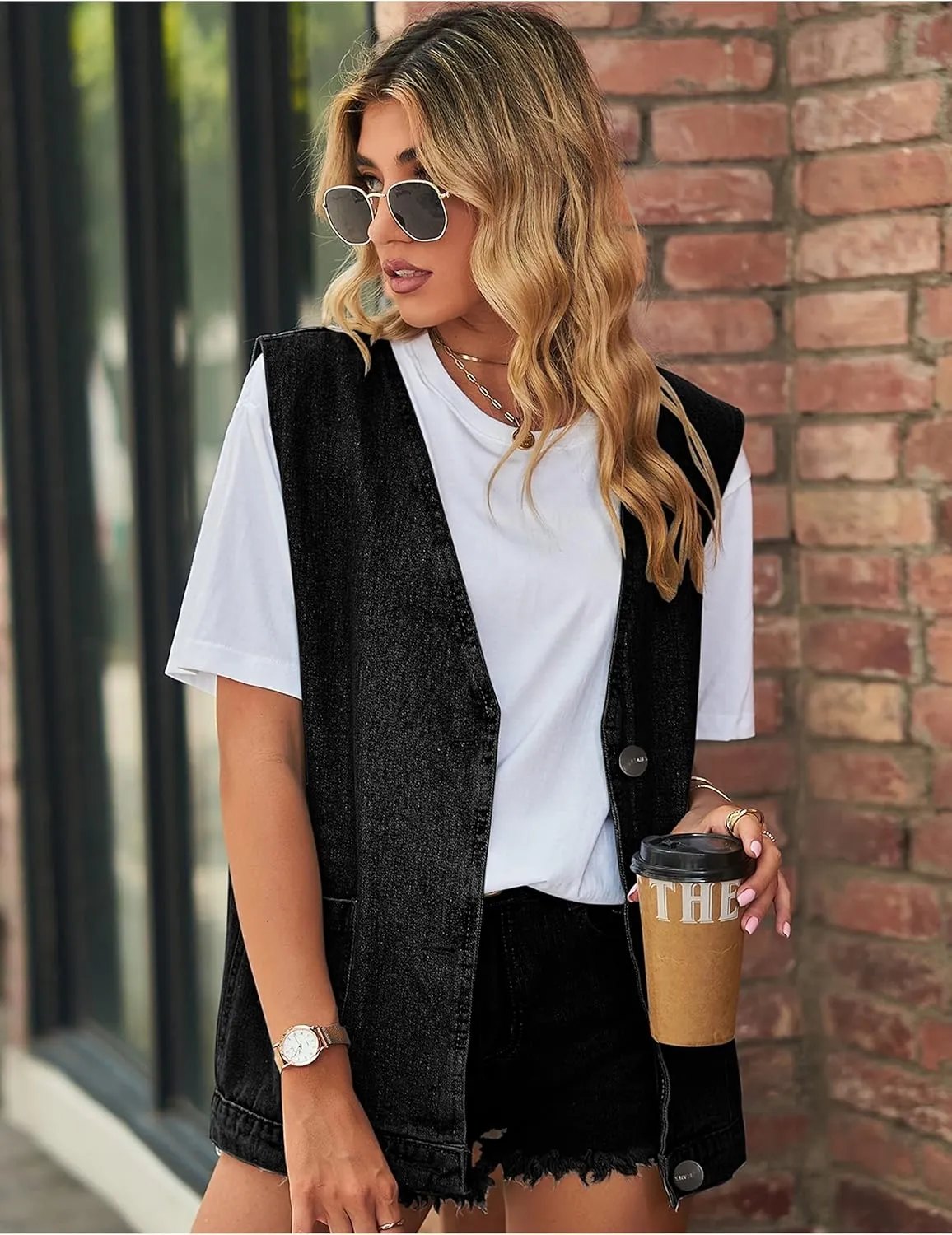 Womens Oversized Sleeveless Jean Denim Jacket Button Down Vest Top for Women Summer Waistcoat Jeans Vests Tops