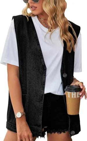 Womens Oversized Sleeveless Jean Denim Jacket Button Down Vest Top for Women Summer Waistcoat Jeans Vests Tops