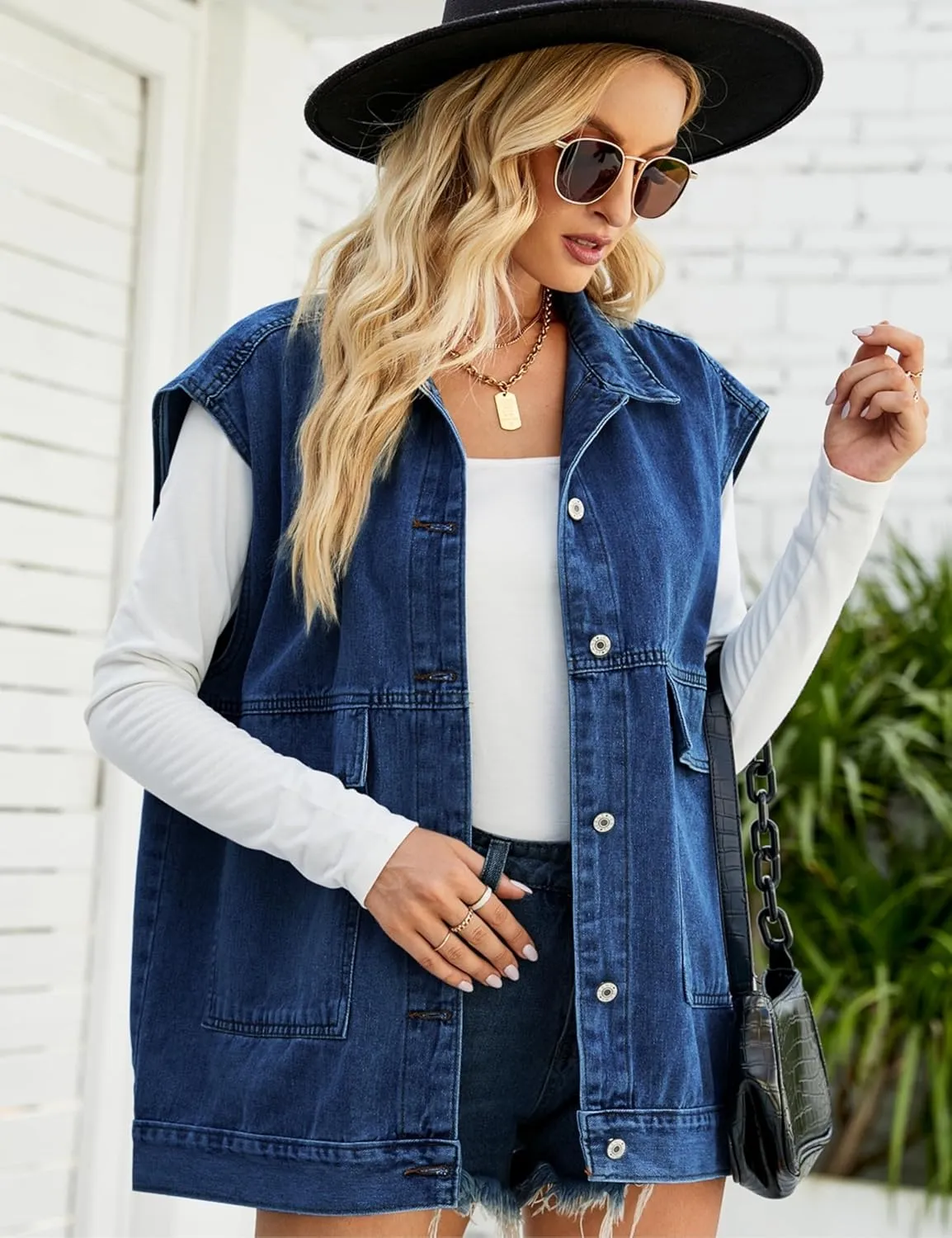 Womens Oversized Sleeveless Jean Denim Jacket Button Down Vest Top for Women Summer Waistcoat Jeans Vests Tops