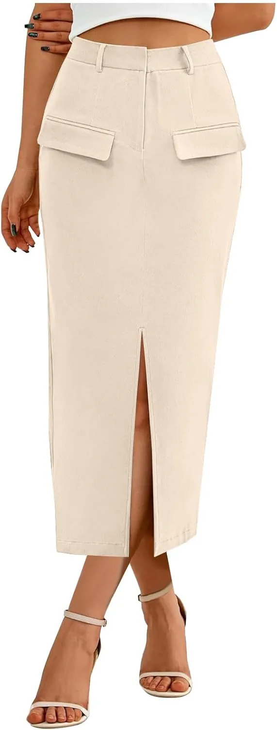 Women's Pencil Skirts Mid Long High Waist A line Midi Skirt Split Hem Skirts for Ladies Office Business Work Dress