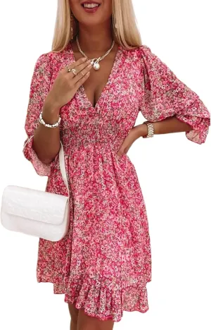 Womens Pink Floral Sweetheart Dress Deep V-Neck Puff Long Sleeves Ruffled Hem Romantic Dates Party Mini Dress