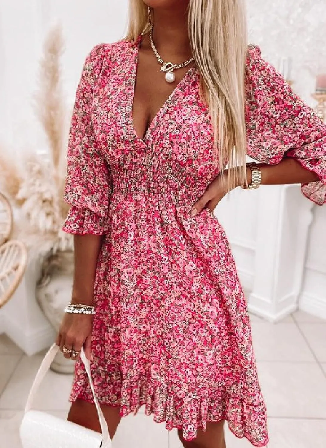 Womens Pink Floral Sweetheart Dress Deep V-Neck Puff Long Sleeves Ruffled Hem Romantic Dates Party Mini Dress