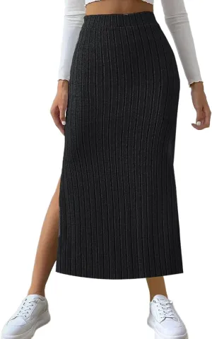 Women's Plus Size High Waisted Midi Skirt Solid Elastic Waistband Side Slit A Line Casual Knit Skirts for Women