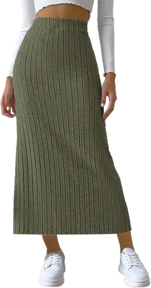 Women's Plus Size High Waisted Midi Skirt Solid Elastic Waistband Side Slit A Line Casual Knit Skirts for Women