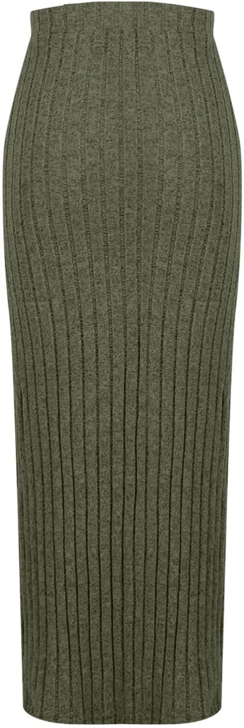 Women's Plus Size High Waisted Midi Skirt Solid Elastic Waistband Side Slit A Line Casual Knit Skirts for Women