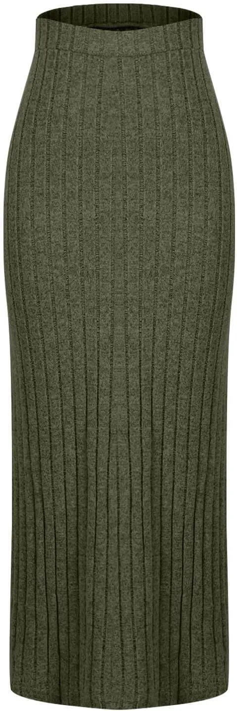 Women's Plus Size High Waisted Midi Skirt Solid Elastic Waistband Side Slit A Line Casual Knit Skirts for Women