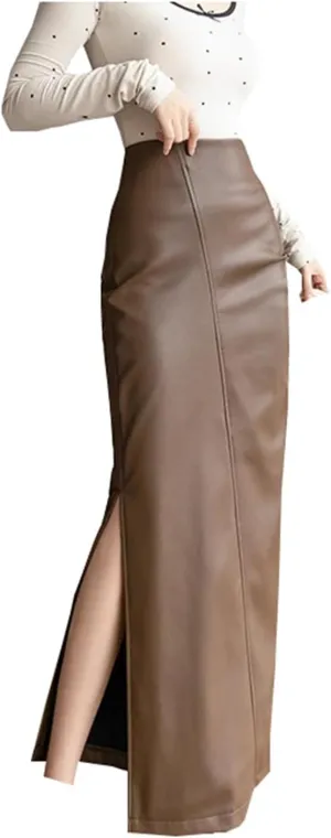 Women's PU Leather Midi Skirts High Waist Long Side Split Patchwork Wrapped Pencil Long Skirts