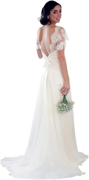 Women's Romantic Vintage Weedding Dress for Bride Lace Chiffon Beach Wedding Bridal Gowns