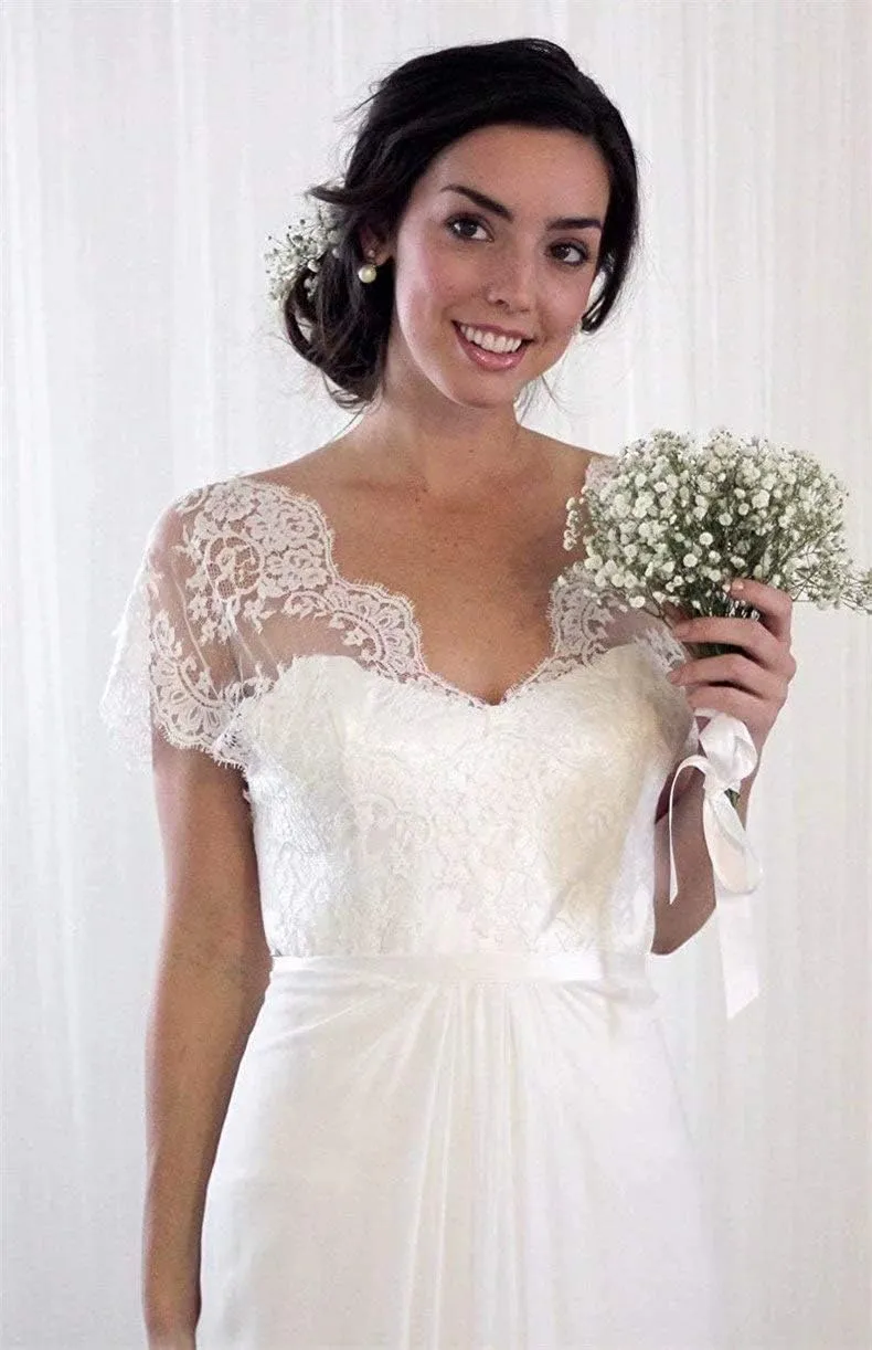 Women's Romantic Vintage Weedding Dress for Bride Lace Chiffon Beach Wedding Bridal Gowns