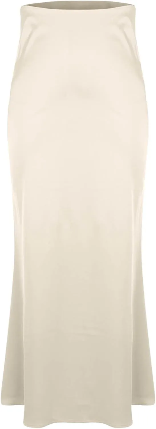 Women's Satin A-Line Midi Skirt High Waisted Zipper Flared Silk Skirts Trendy Elegant Cocktail Party Wedding Skirts