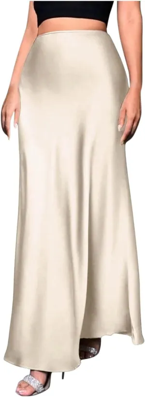 Women's Satin A-Line Midi Skirt High Waisted Zipper Flared Silk Skirts Trendy Elegant Cocktail Party Wedding Skirts