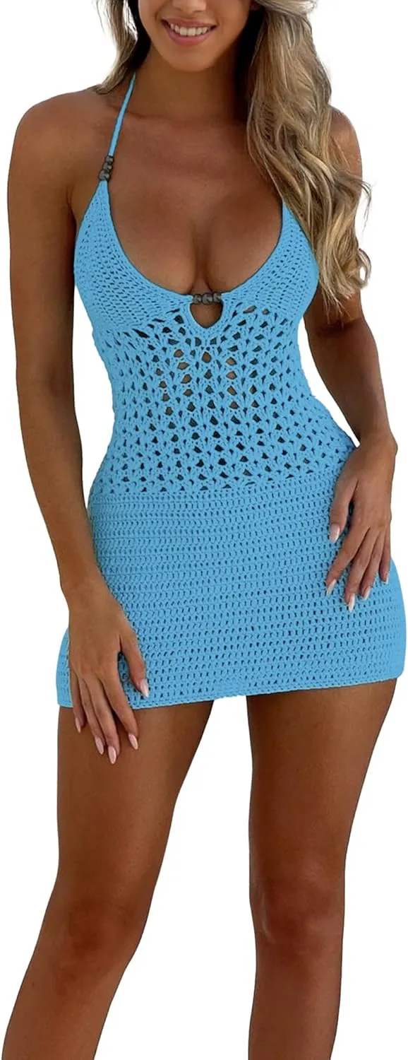 Women's Sexy Knit Hollow Out Cinch Waist Backless Halter Mini Dress Halter V Neck Beach Summer Cover Up Sundress