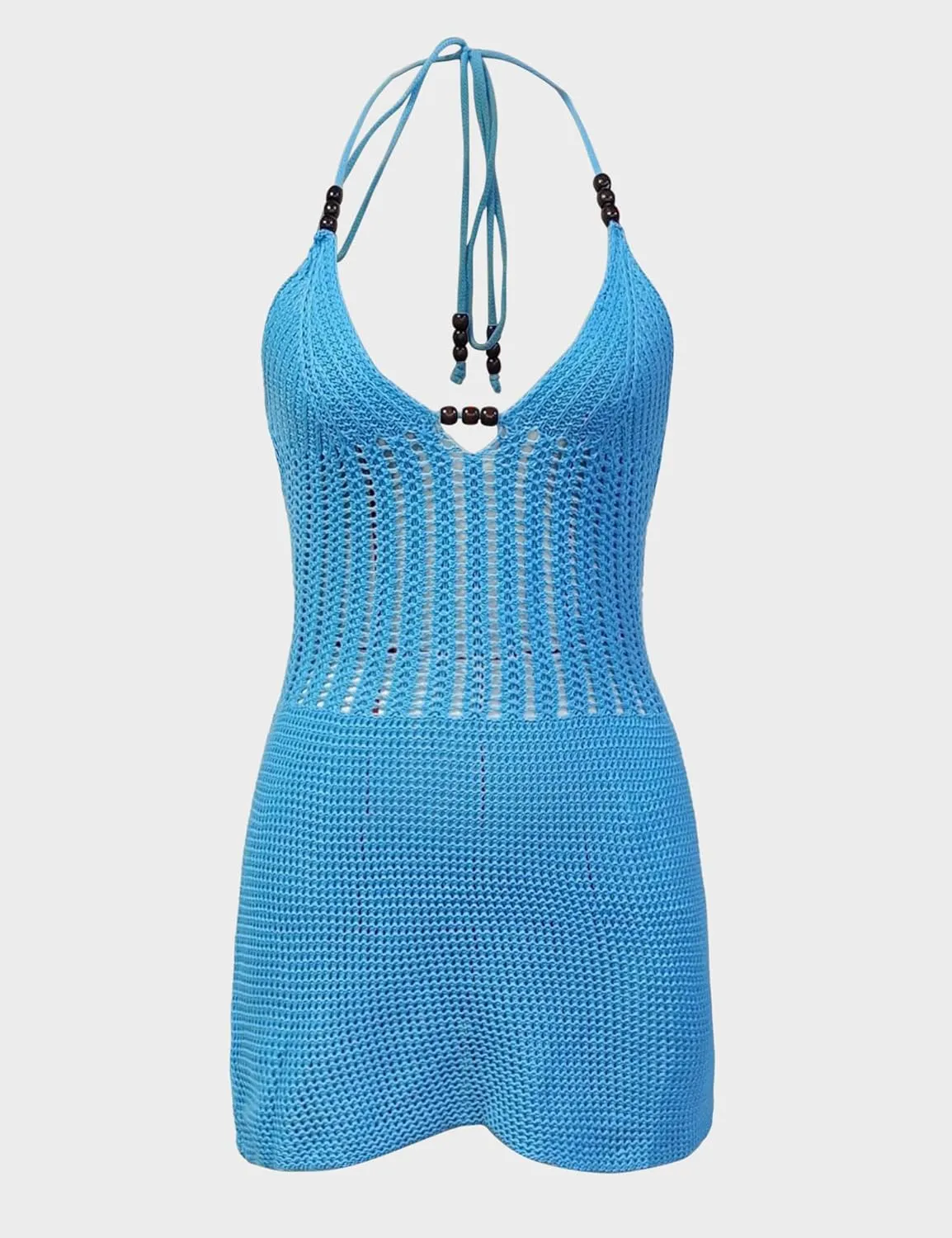 Women's Sexy Knit Hollow Out Cinch Waist Backless Halter Mini Dress Halter V Neck Beach Summer Cover Up Sundress