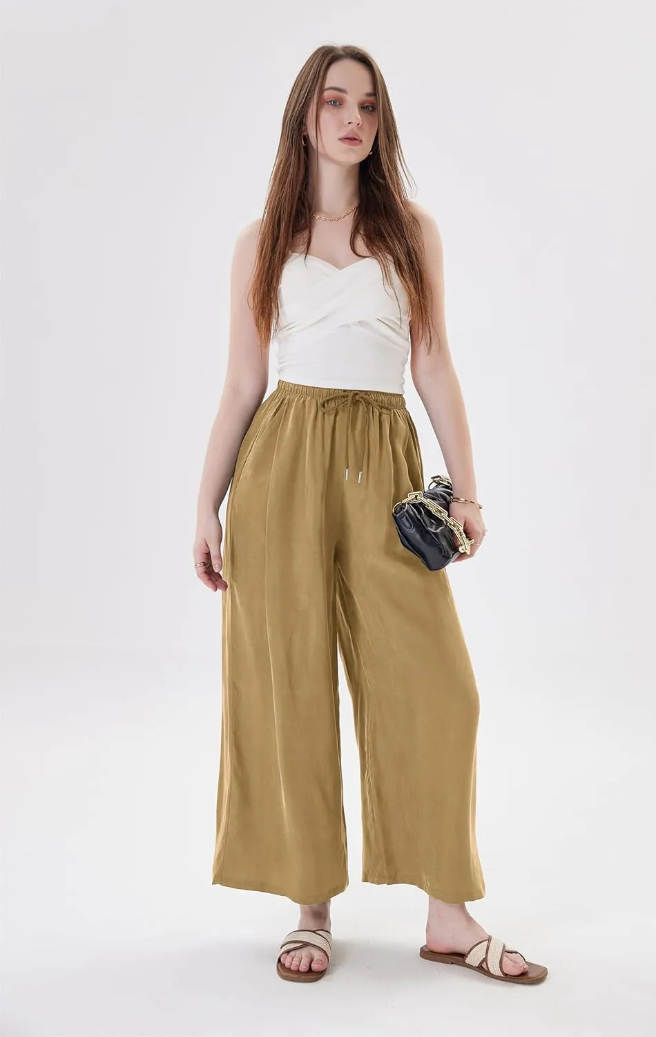 Women's Silky Palazzo Pants Cropped Casual Dressy Wide Leg High Waist Palazzo Pant Loose Trouser