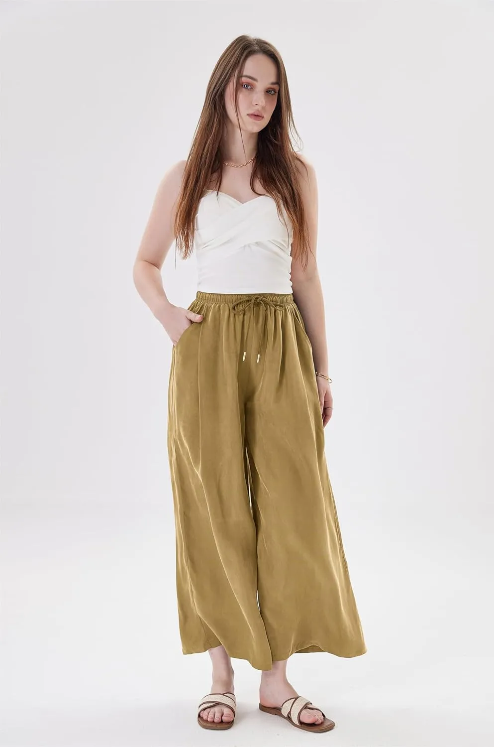 Women's Silky Palazzo Pants Cropped Casual Dressy Wide Leg High Waist Palazzo Pant Loose Trouser