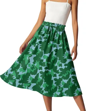 Women's Skirts Midi Flowy Summer Drawstring Elastic High Waist Knee Length Skirt A-Line Floral Pleated Skirt