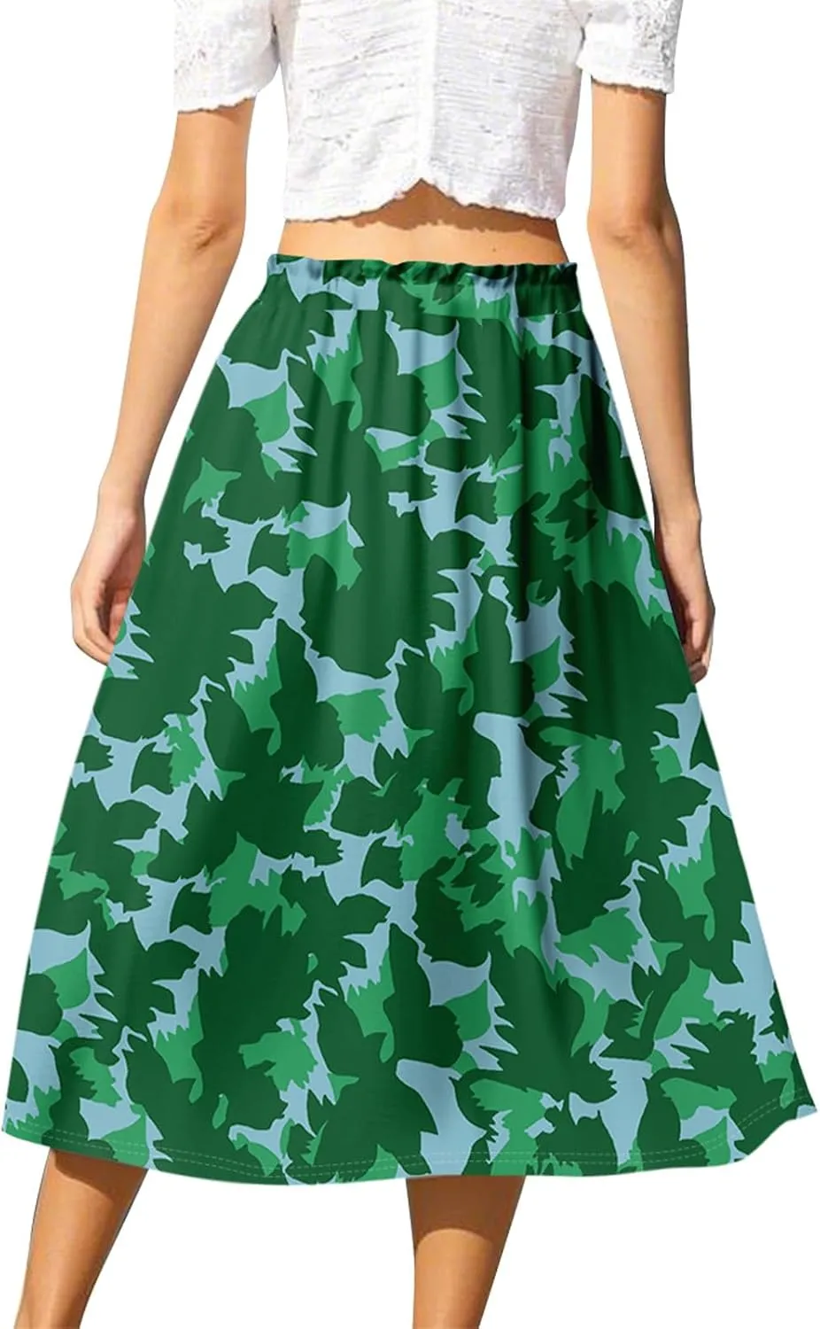 Women's Skirts Midi Flowy Summer Drawstring Elastic High Waist Knee Length Skirt A-Line Floral Pleated Skirt