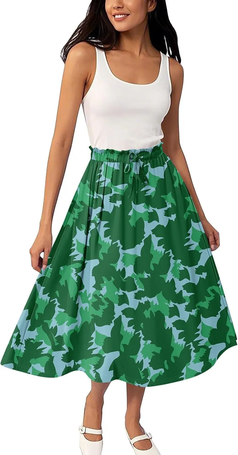 Women's Skirts Midi Flowy Summer Drawstring Elastic High Waist Knee Length Skirt A-Line Floral Pleated Skirt