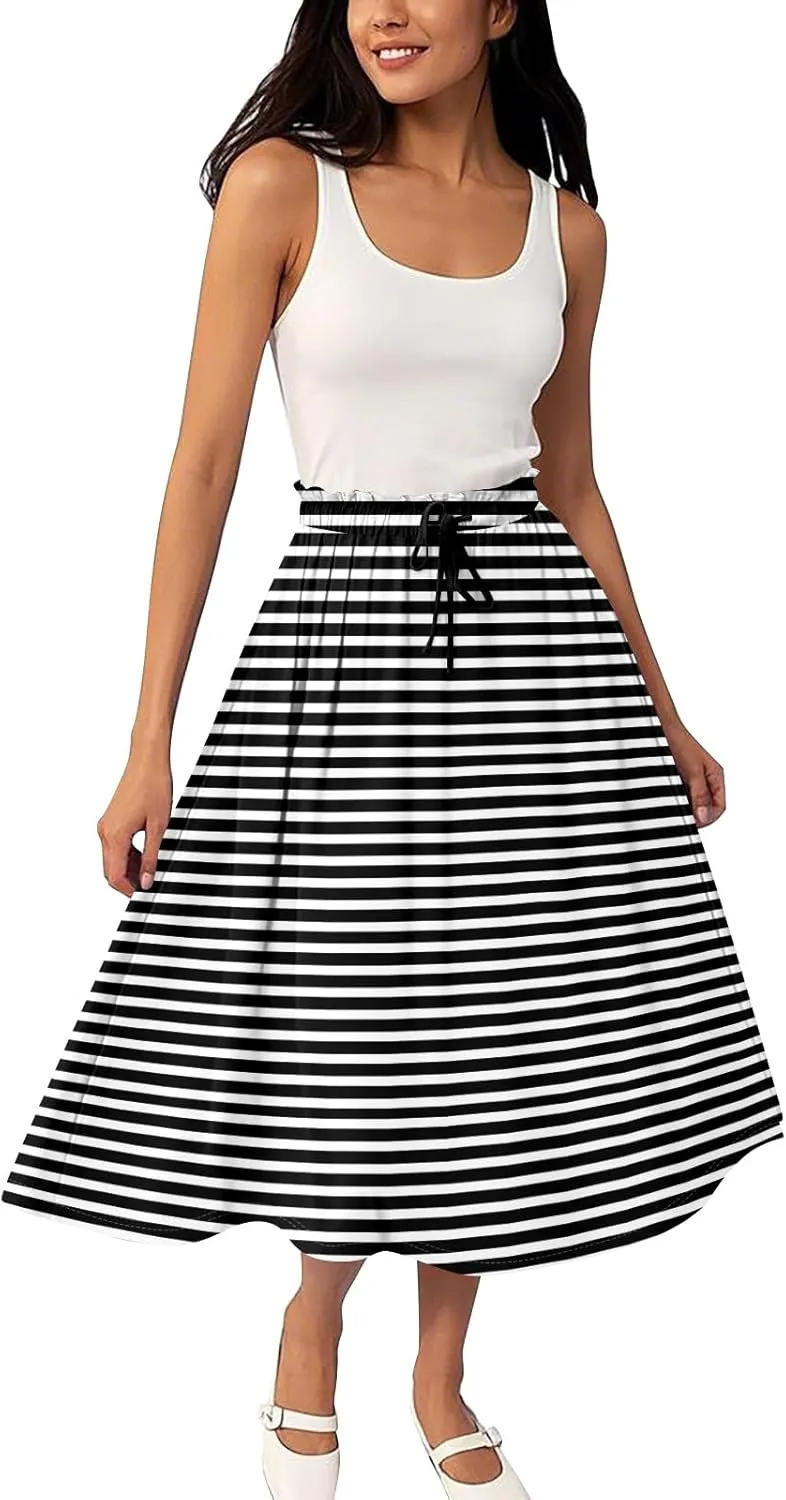 Womens Skirts Midi Length Boho Summer Drawstring Elastic High Waist Skirts Knee Length A Line Floral Pleated Skirt