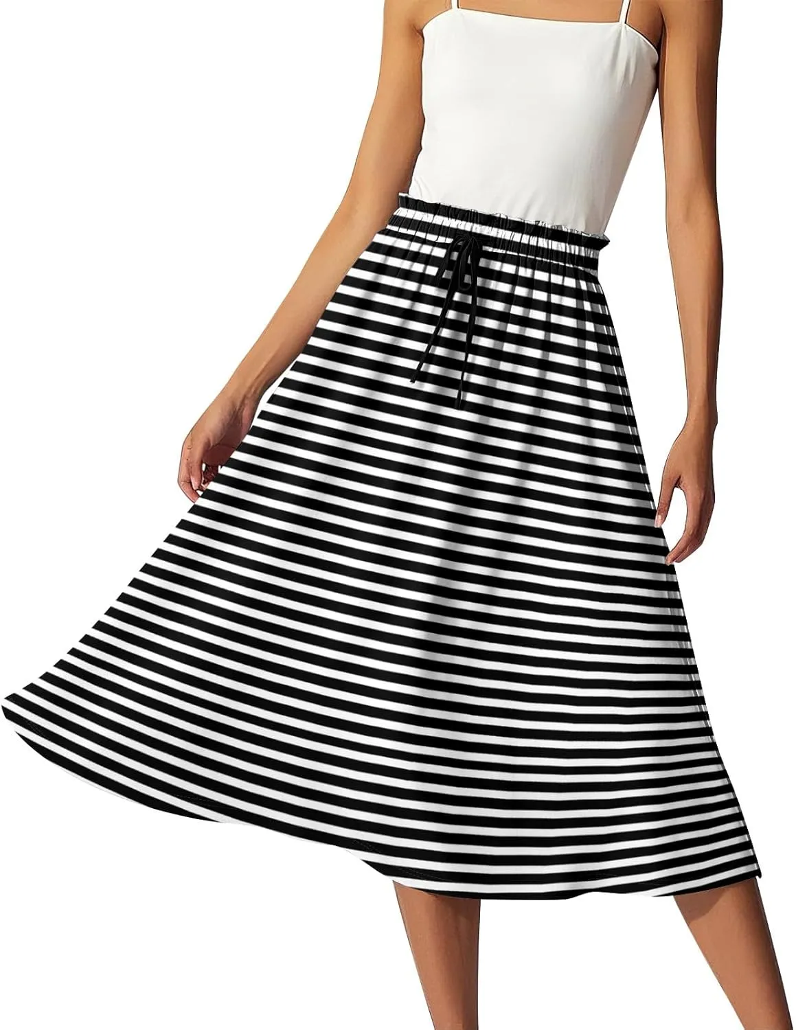 Womens Skirts Midi Length Boho Summer Drawstring Elastic High Waist Skirts Knee Length A Line Floral Pleated Skirt
