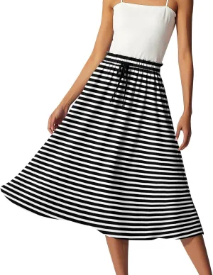Womens Skirts Midi Length Boho Summer Drawstring Elastic High Waist Skirts Knee Length A Line Floral Pleated Skirt
