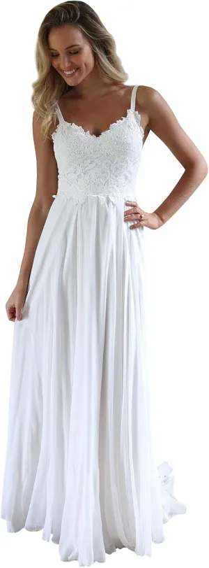 Women's Spaghetti Straps Lace Boho Wedding Dresses Long for Bride A-Line Chiffon Bridal Gown
