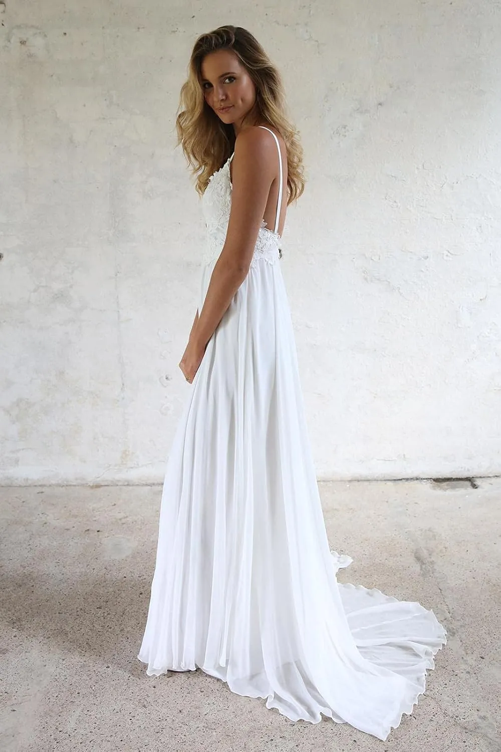 Women's Spaghetti Straps Lace Boho Wedding Dresses Long for Bride A-Line Chiffon Bridal Gown