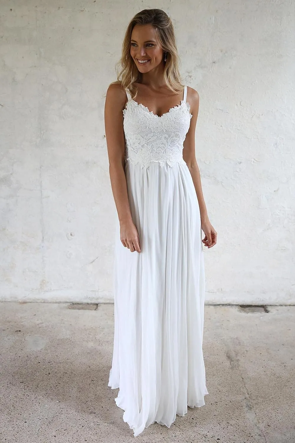 Women's Spaghetti Straps Lace Boho Wedding Dresses Long for Bride A-Line Chiffon Bridal Gown