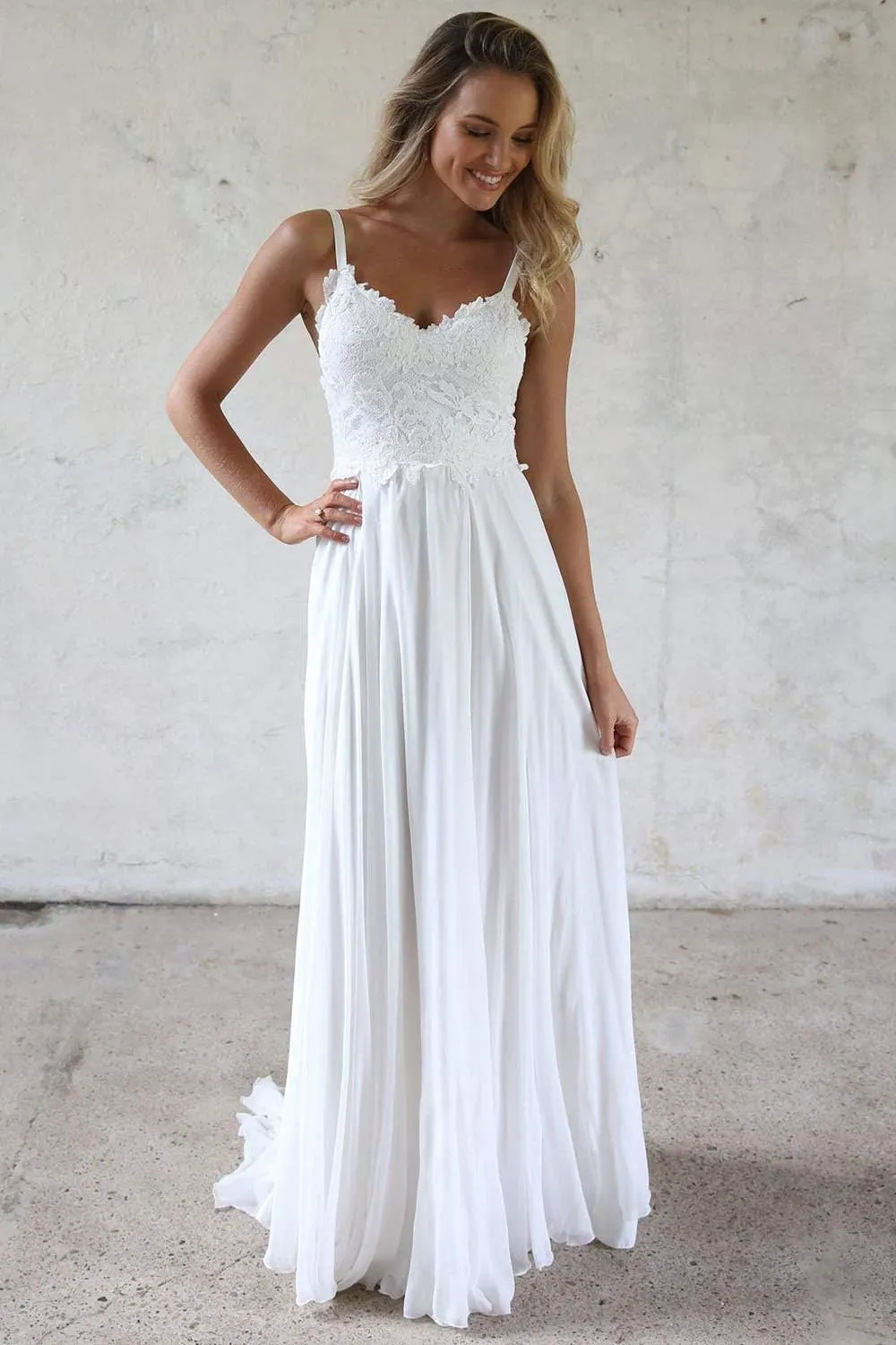 Women's Spaghetti Straps Lace Boho Wedding Dresses Long for Bride A-Line Chiffon Bridal Gown