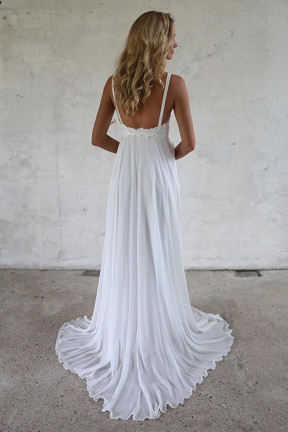 Women's Spaghetti Straps Lace Boho Wedding Dresses Long for Bride A-Line Chiffon Bridal Gown