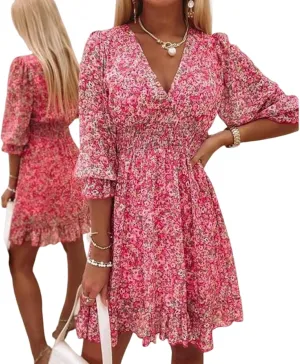 Women's Spring Dresses Casual Boho Floral Print Long Sleeve V Neck Short Ruffle Mini Dress