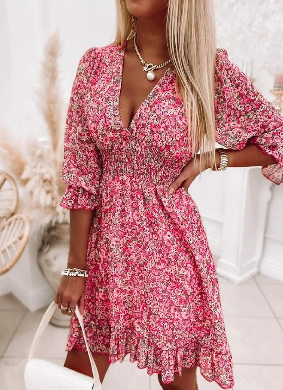 Women's Spring Dresses Casual Boho Floral Print Long Sleeve V Neck Short Ruffle Mini Dress