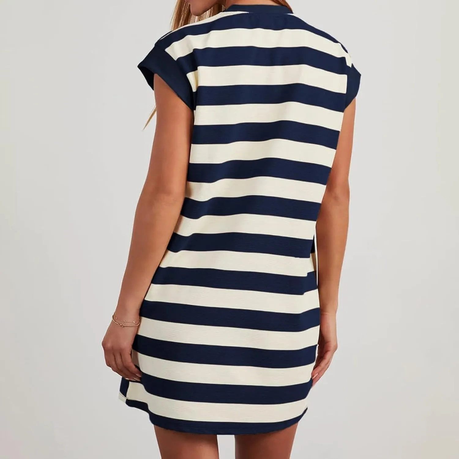 Womens Striped Summer Dresses 2024 Crewneck Patchwork Casual Loose Color Block Tshirt Dress with Pockets