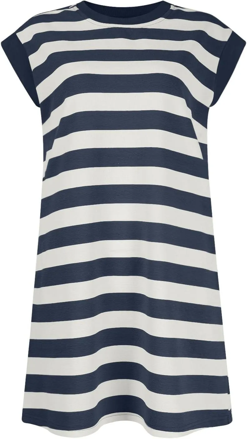 Womens Striped Summer Dresses 2024 Crewneck Patchwork Casual Loose Color Block Tshirt Dress with Pockets